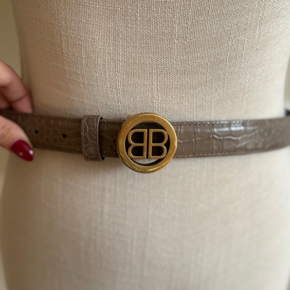 Balenciaga Taupe Belt with Gold Logo Buckle